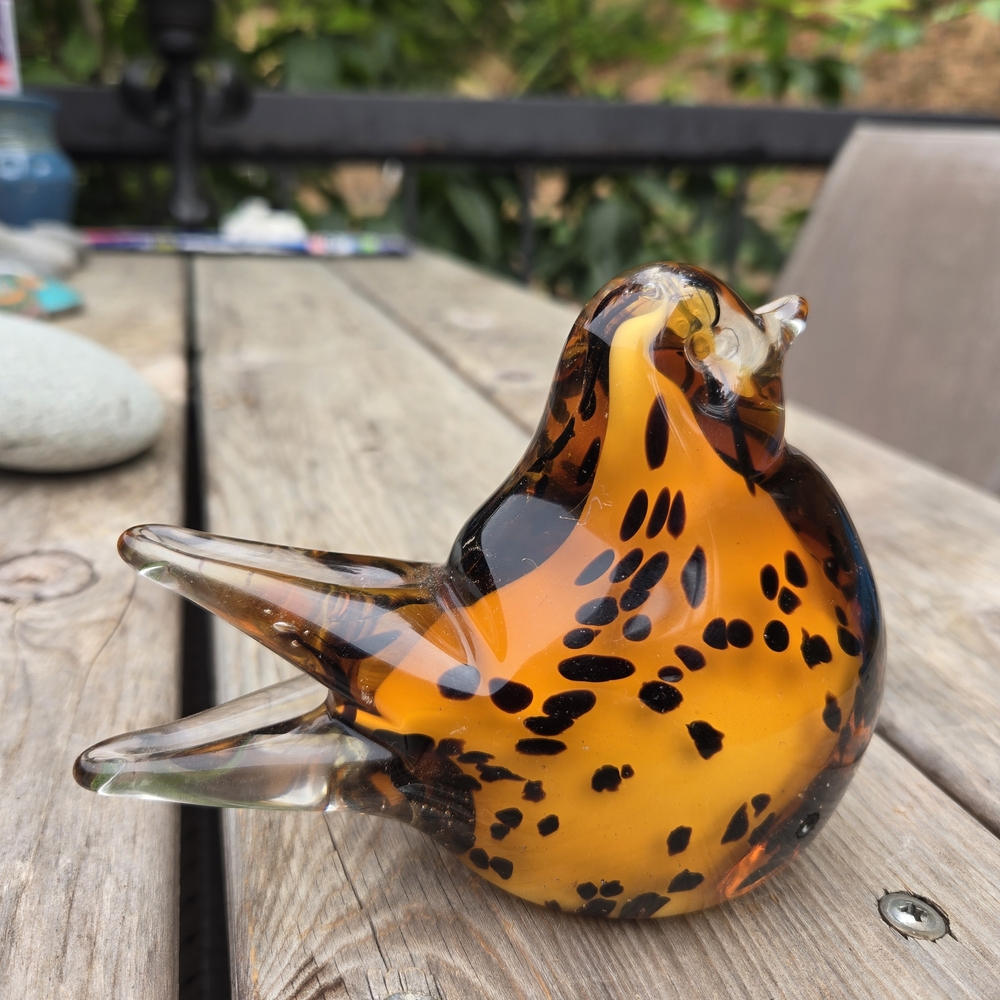 Blown Glass Amber Black Glass Bird Figurine Paperweight